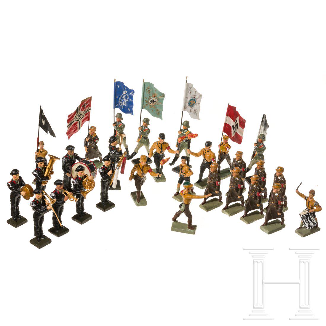28 Lineol-Duscha figures, flag bearers, tank crew musicians and political figures: 28 Lineol-Duscha figures, flag bearers, tank crew musicians and political figuresLineol-Duscha, Masseausführung, 7 cm-Serie, neuzeitlich. Eine Gruppe von Duscha Modellfiguren, heutige Fertigung, 