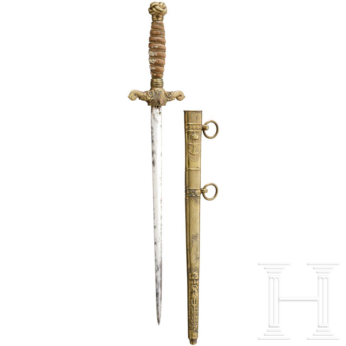 A dagger for naval units in Austrian-like pattern: A dagger for naval units in Austrian-like patternVernickelte Stichklinge (fleckig). Messingknauf und -parierstange, Holzgriff (geschrumpft, die weiße Lackierung nur noch in Resten vorhanden) mit