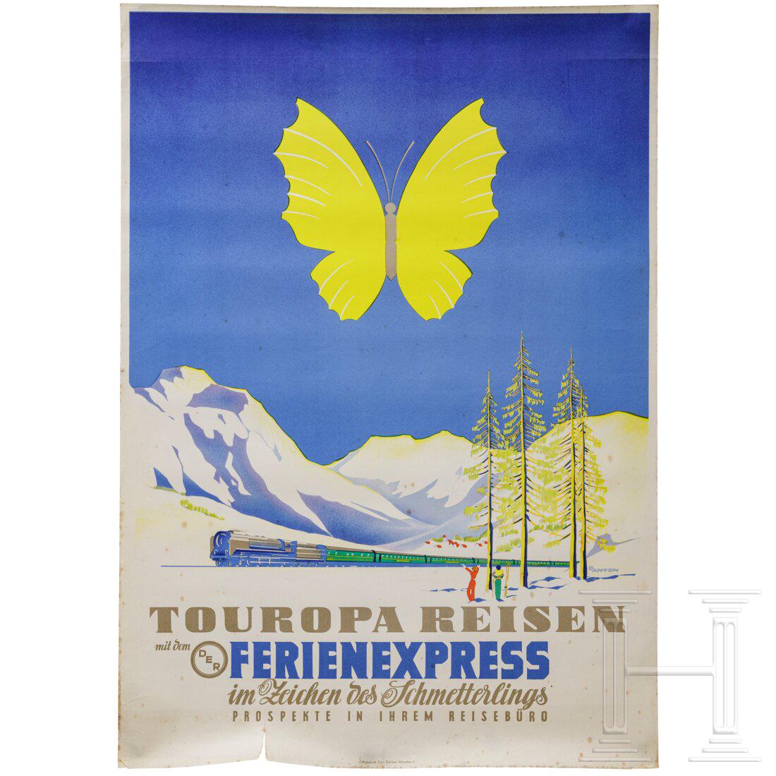 Ottomar Anton - an advertising poster for "Touropa Reisen mit dem DER Ferienexpress - im Zeichen des: Ottomar Anton - an advertising poster for "Touropa Reisen mit dem DER Ferienexpress - im Zeichen des Schmetterlings", 1953 Ottomar Anton, aus dem Archiv von Willi Engelhardt, um 1953. Ein Werbeplakat 