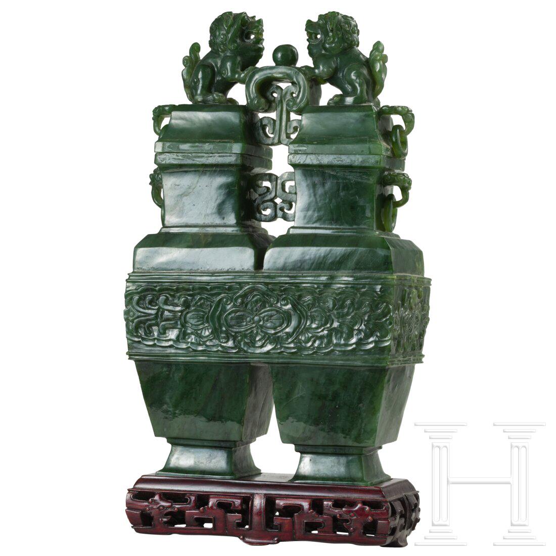 A Chinese double vase made of spinach jade, 20th century (1 of 4)