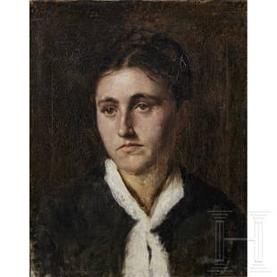 A portrait of a peasant girl, circle of Wilhelm Leibl, Munich, circa 1870: A portrait of a peasant girl, circle of Wilhelm Leibl, Munich, circa 1870Oil on canvas. Head-and-shoulder portrait of a young peasant woman against a dark background. Clad in a black dress with loose