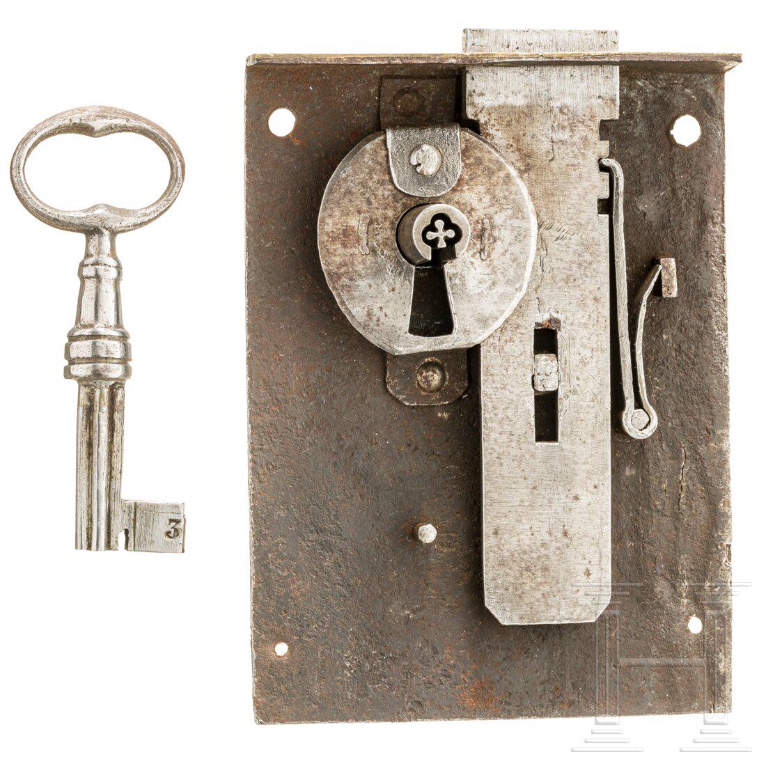 A French or Italian iron furniture lock with key, circa 1780 (1 of 3)