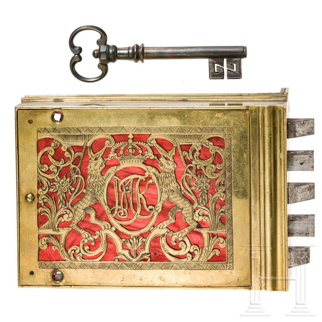 A large iron lock with crowned monogram "MJK" of Maximilian Joseph I (king of Bavaria 1806 - 1825) (1 of 3)