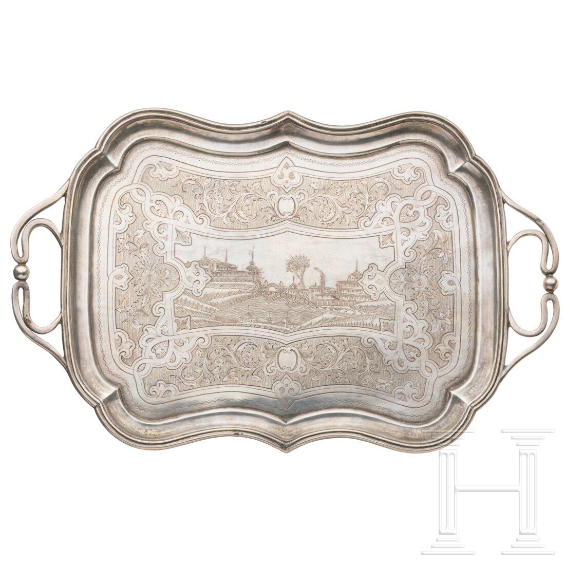A Russian silver tray, Moscow, M. Kilpelein, 1874 (1 of 3)