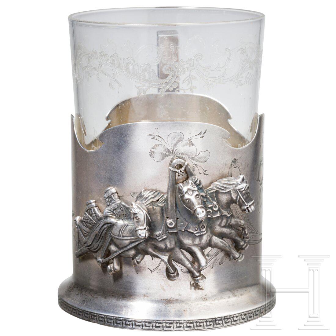 A Russian partially gilt silver tea glass holder with troika, Moscow, A. I. Sparychkin, 1908 - 1914 (1 of 5)