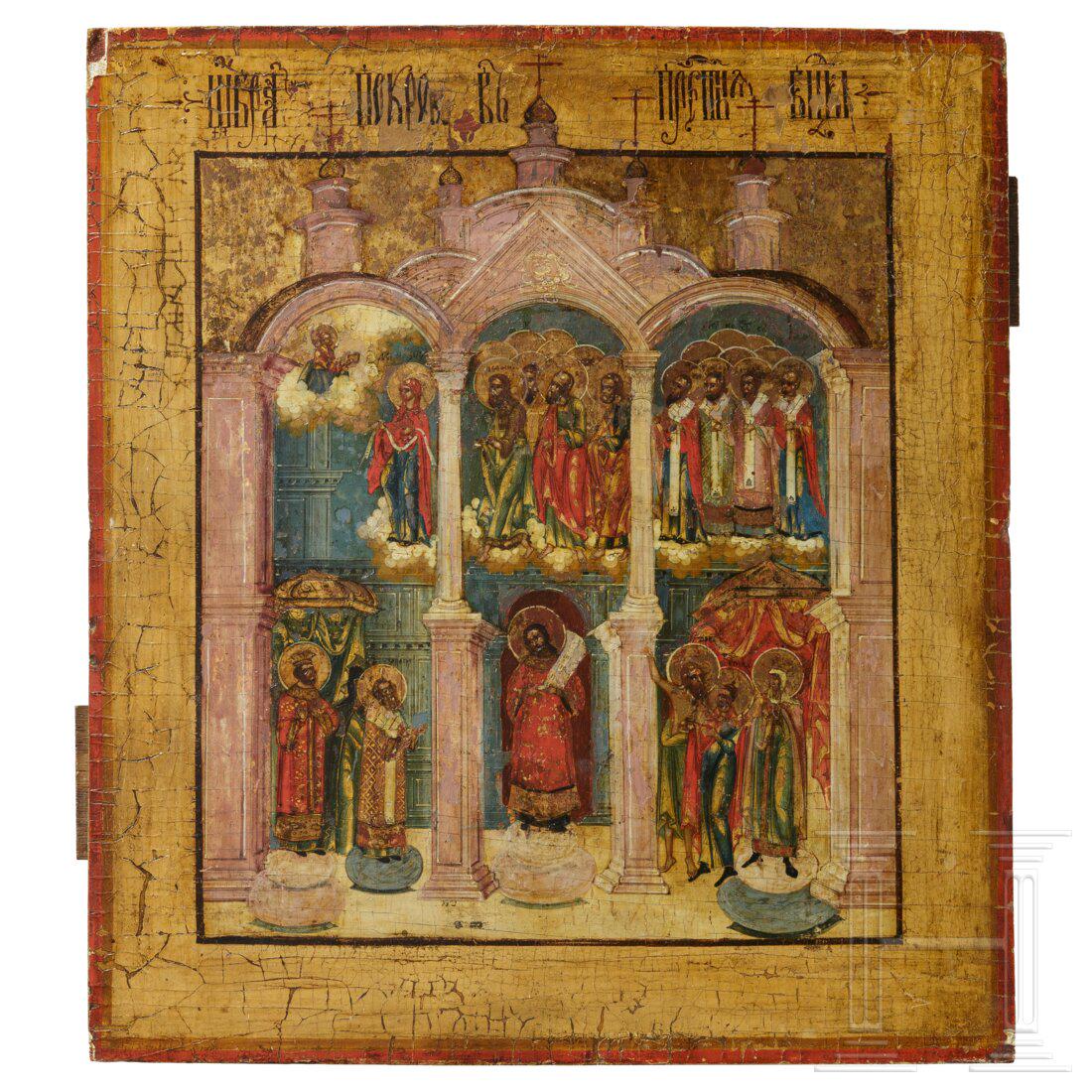 A Russian icon showing the Pokrov Mother of God, 19th century: A Russian icon showing the Pokrov Mother of God, 19th centuryTempera on gesso on canvas on wood panel. One corner chipped. Dimensions 30.5 x 27 cm.Condition: II