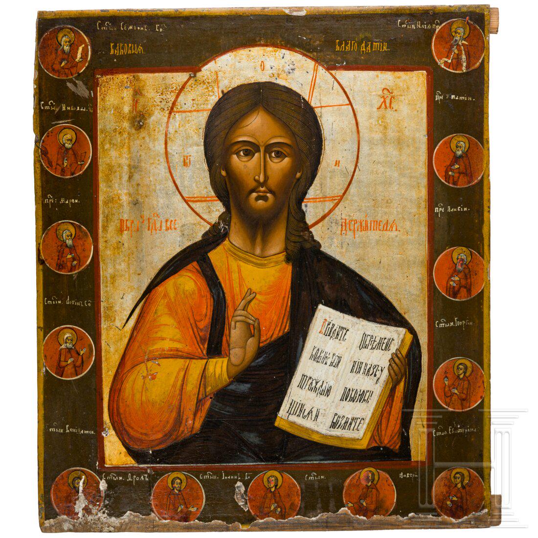 A large Russian icon showing Christ Pantokrator with 13 saints, 2nd half of the 19th century (1 of 3)