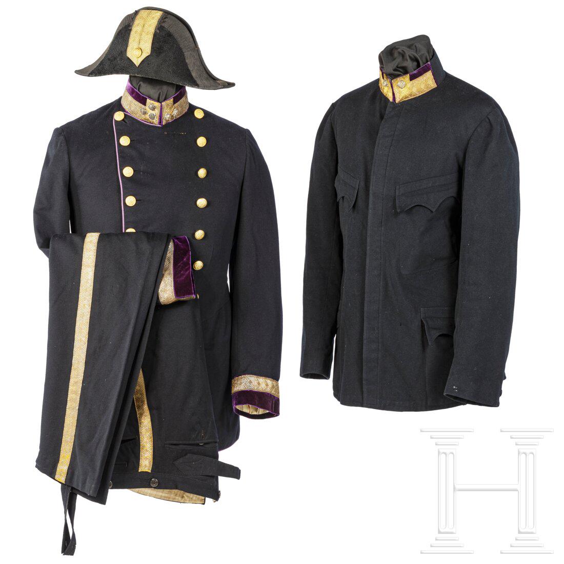 The uniform estate of a higher k.u.k. judiciary official in the rank of Ober-Intendant 1st class,: The uniform estate of a higher k.u.k. judiciary official in the rank of Ober-Intendant 1st class, dated 1895Parade-Zweispitz, mit schwarzem Seidenmohair bezogen, Randeinfassung aus gewÃ¤ssertem schw