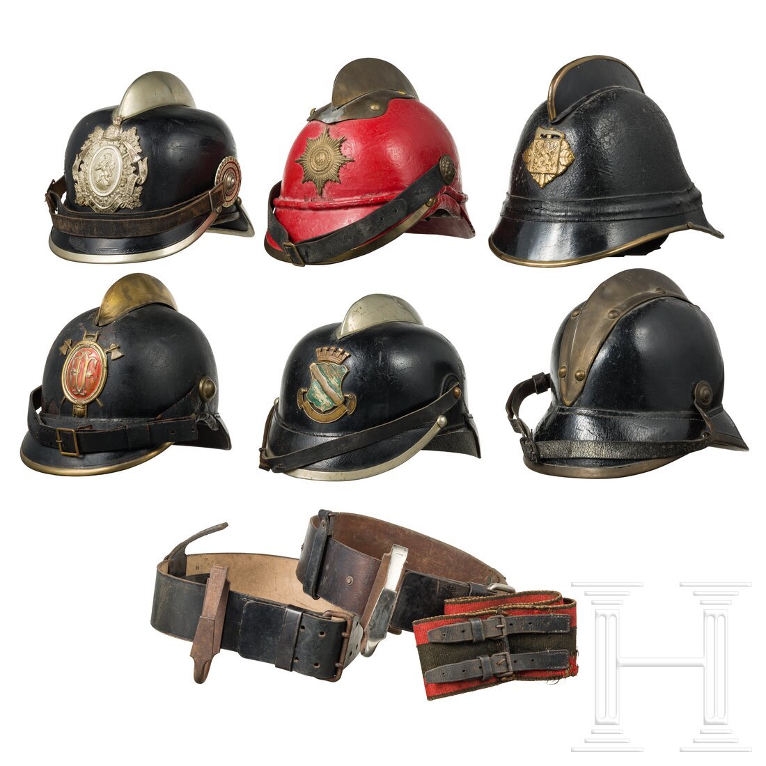 Six firefighter helmets and two seat belts, circa 1880 - 1930 (1 of 14)