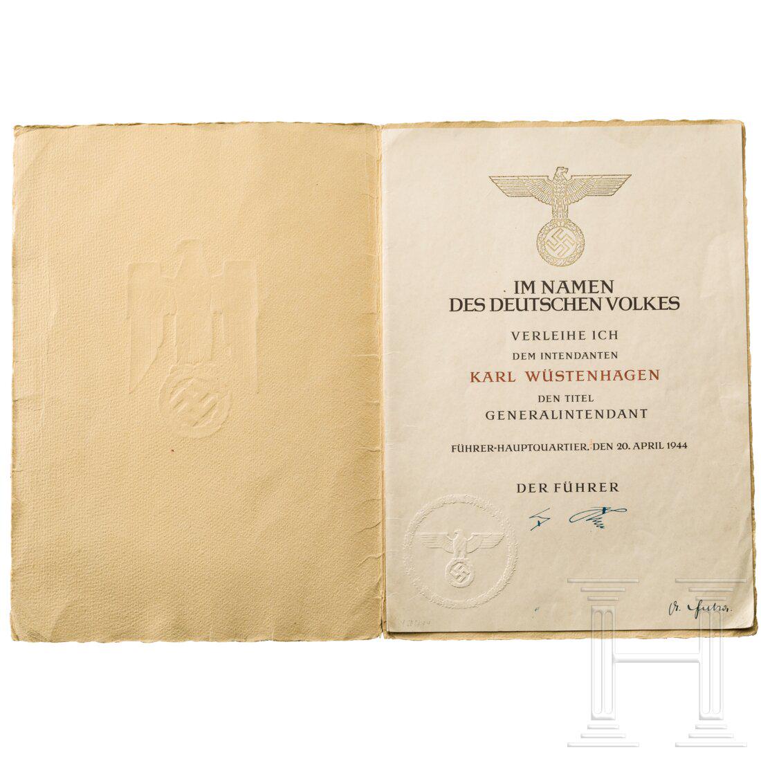 Karl WÃ¼stenhagen - his appointment as General Intendant with ink signature by Dr. Goebbels: Karl WÃ¼stenhagen - his appointment as General Intendant with ink signature by Dr. Goebbels Zweiseitiges Schmuckblatt mit Hoheitsadler Ã¼ber gedrucktem Text vom 20.04.44 mit BlindprÃ¤gesiegel un