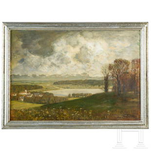 Theodor Graetz - Upper Bavarian Landscape with Maisinger Lake: Theodor Graetz - Upper Bavarian Landscape with Maisinger LakeÃ–l auf Leinwand mit Darstellung einer herbstlichen Landschaft vor Alpenkulisse mit beeindruckender Wolkenbildung, recht unten signiert