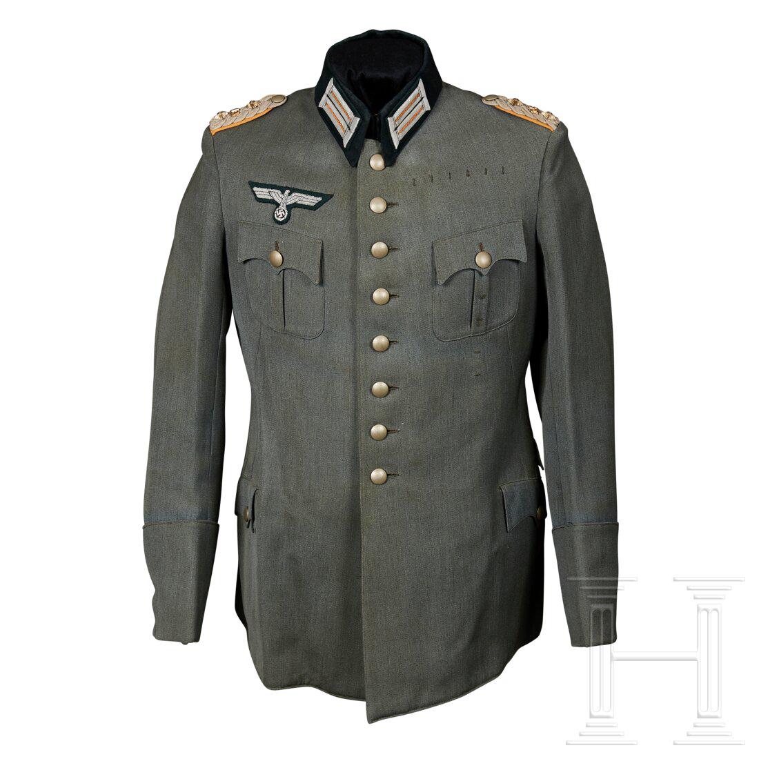 Cavalry Officer Tunic: Cavalry Officer TunicField-grey fine gabardine cloth, privately tailored, scalloped and pleated breast pockets, slash hip pockets with scalloped flaps, eight-button front, bottle-green badge cloth col