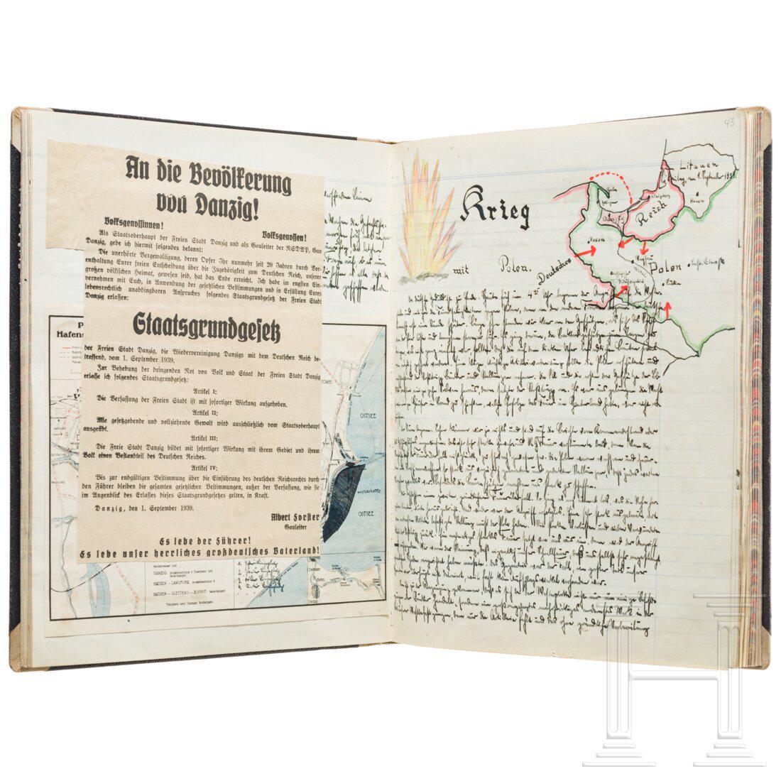 Liner "Schleswig-Holstein" - a logbook for Hans Fischer, 30.6. - 24.10.1939: Liner "Schleswig-Holstein" - a logbook for Hans Fischer, 30.6. - 24.10.1939Approx. 90 pages with more than 50 small-sized photos, illustrations and many handwritten notes: training, war with Poland, W