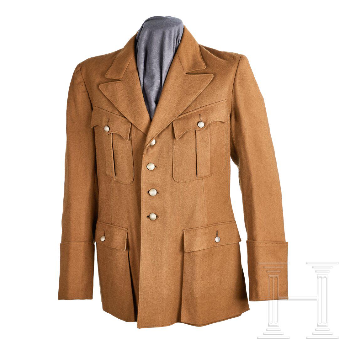 NSDAP Tunic: NSDAP TunicBrown, fine tricot wool, standard 1933 SA service tunic, four-button front with open collar, pleated breast pockets with scalloped flaps, expandable hip patch pockets with straight button f