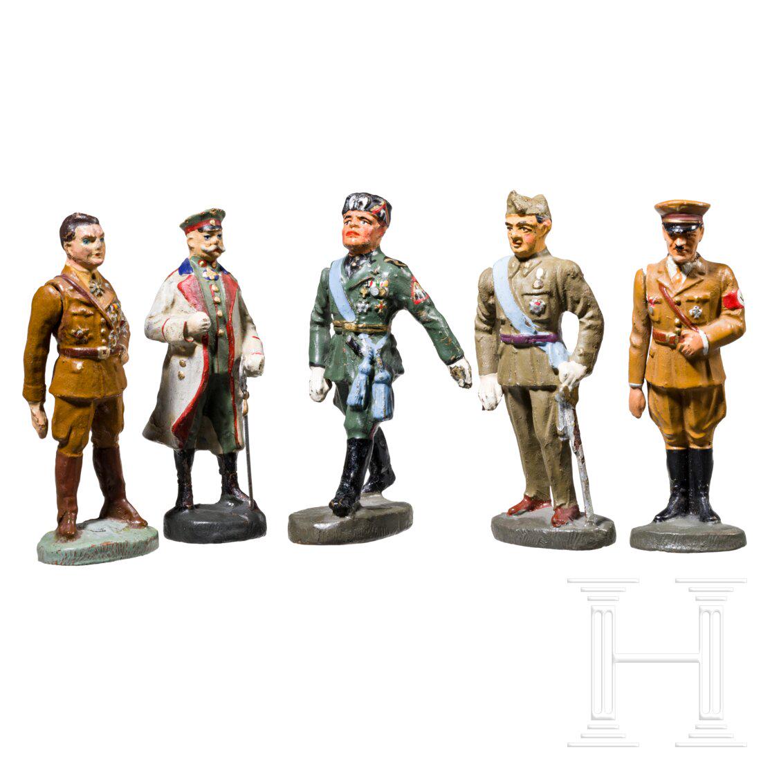 Five Elastolin personality figures with Goering, Hitler, Franco, Mussolini and Hindenburg: Five Elastolin personality figures with Goering, Hitler, Franco, Mussolini and Hindenburg Elastolin, MasseausfÃ¼hrung, 30er Jahre, 7 cm-Serie. FÃ¼nf PersÃ¶nlichkeitsfiguren, dabei Hitler stehend