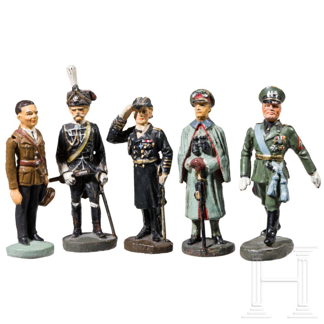 Five Elastolin personality figures with Goebbels, Mussolini with porcelain head, Raeder, Mackensen: Five Elastolin personality figures with Goebbels, Mussolini with porcelain head, Raeder, Mackensen and LudendorffElastolin, MasseausfÃ¼hrung, 30er Jahre, 7 cm-Serie. FÃ¼nf PersÃ¶nlichkeitsfigure