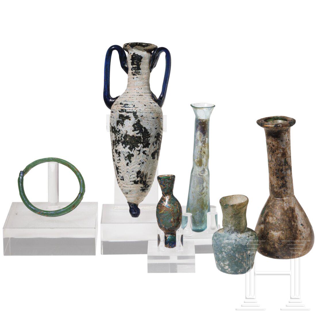 Five ancient glass vessels and a glass bracelet, 2nd century B.C. - 6th century A.D. (1 of 3)