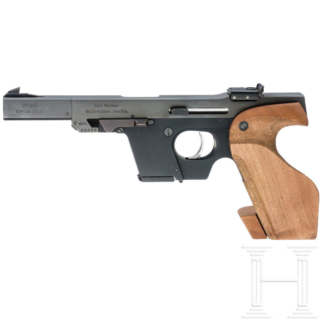 Sporting Pistol Walther GSP: Sporting Pistol Walther GSPCal. .22lr, SN. 69820, blanker Lauf, LÃ¤nge 115 mm. FÃ¼nfschÃ¼ssig. Beschuss 1977. Mikro-Visier. Standardbeschriftung. VollstÃ¤ndige, originale BrÃ¼nierung. Verste