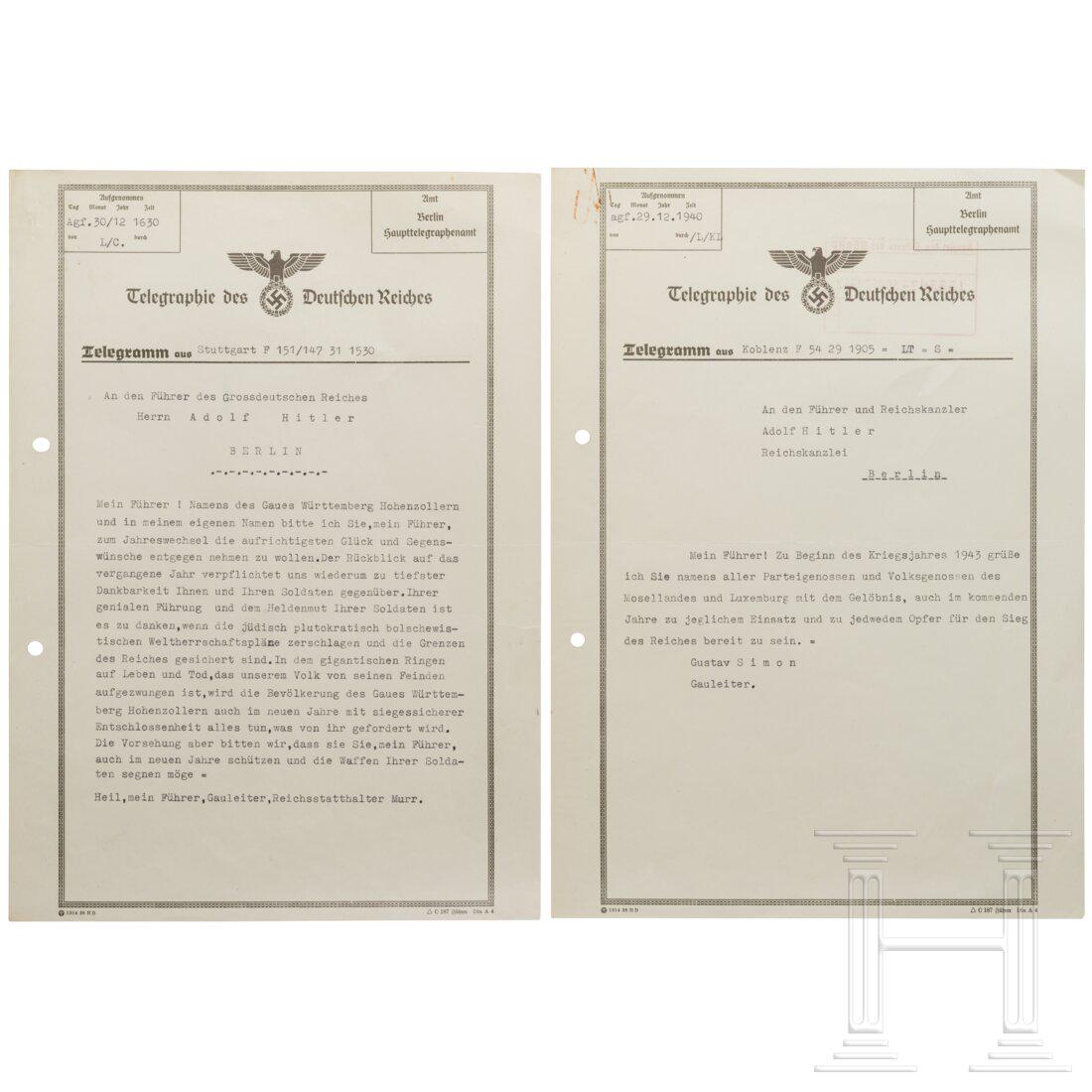 Gauleiter Wilhelm Murr and Gustav Simon - two New Year's telegrams to Hitler, 1942/43: Gauleiter Wilhelm Murr and Gustav Simon - two New Year's telegrams to Hitler, 1942/43Jeweils Vordruck "C 187 FÃ¼hrer Din A4" des Berliner Haupttelegraphenamts mit maschinenschriftlichem Text. Gustav