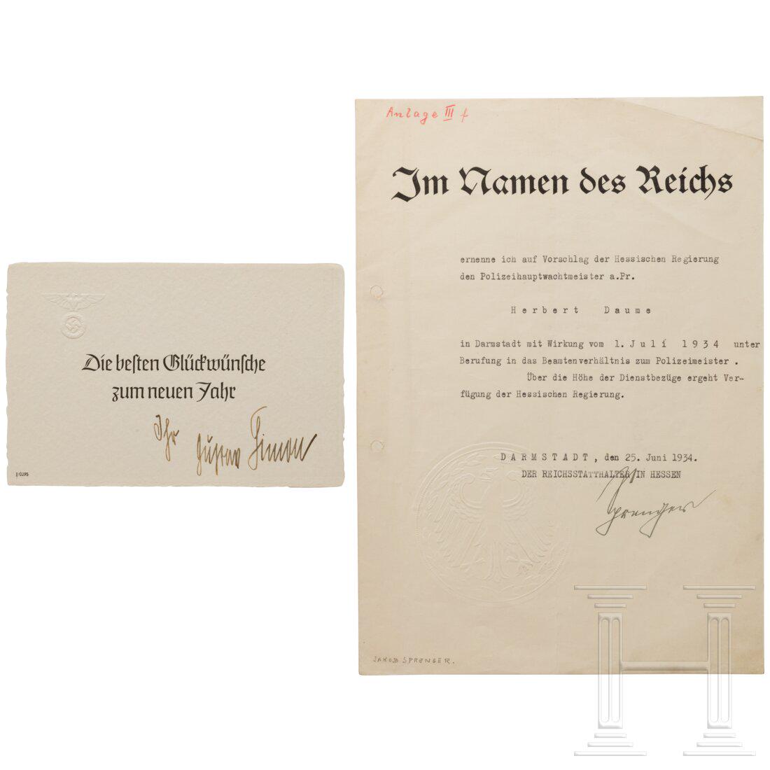 Gauleiter Gustav Simon and Jakob Sprenger - two autographs: Gauleiter Gustav Simon and Jakob Sprenger - two autographsGustav Simon: Gedruckte GlÃ¼ckwunschkarte zum neuen Jahr mit blindgeprÃ¤gtem Hoheitsadler und eigenhÃ¤ndiger Tintenunterschrift "Ihr Gus