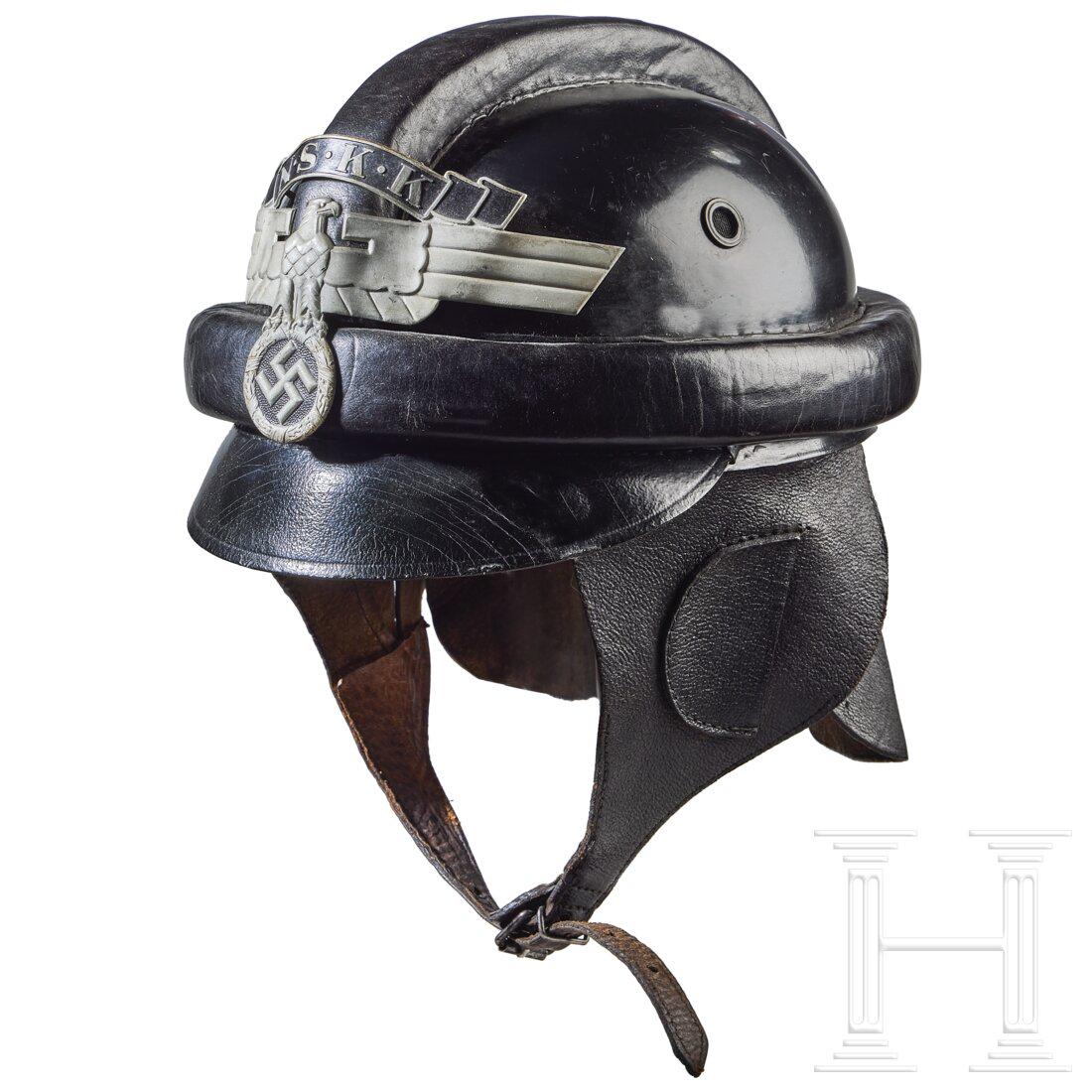 A 2nd Pattern Crash Helmet for NSKK: A 2nd Pattern Crash Helmet for NSKKVulcan fiber, black body, single ventilation on each side, black leather padded protective roll across top and around side, black leather visor, silver finished meta