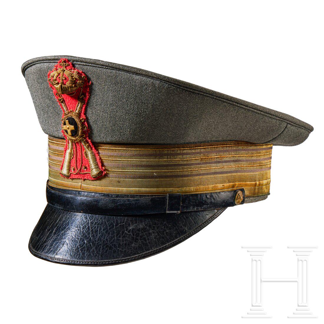 A Visor Cap for Italian Colonel Commandant of the Infantry: A Visor Cap for Italian Colonel Commandant of the InfantryCap body in grey-green wool, gilt metallic fabric centre band with three grey stripes, grey-green piping, black leather chinstrap retained by 