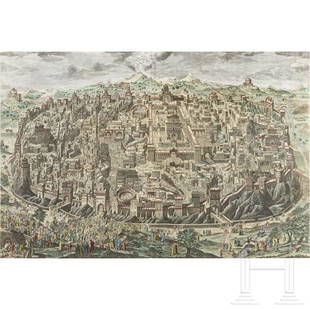 Johann Daniel Herz the Elder (1693 - 1754) - a capriccio view of Jerusalem in coloured print, 1735: Johann Daniel Herz the Elder (1693 - 1754) - a capriccio view of Jerusalem in coloured print, 1735Extremely detailed, multi-figured print, including scenes from the Passion of Christ. Under glass, fra