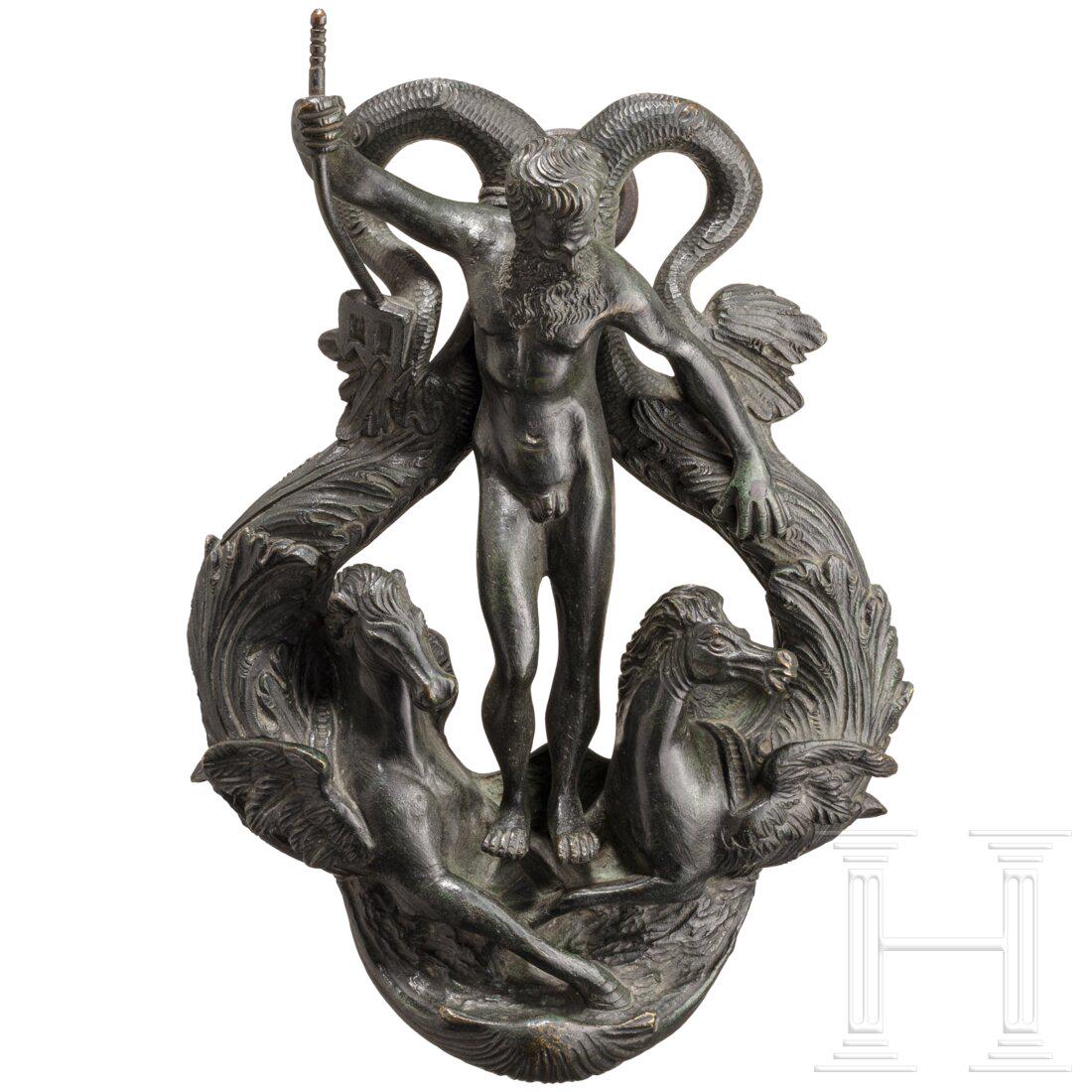 An Italian bronze door knocker with figure of Neptune, from the workshop of Alessandro Vittoria, 1st: An Italian bronze door knocker with figure of Neptune, from the workshop of Alessandro Vittoria, 1st half of the 17th centuryBronze with a green patina. The door knocker cast in several pieces in the