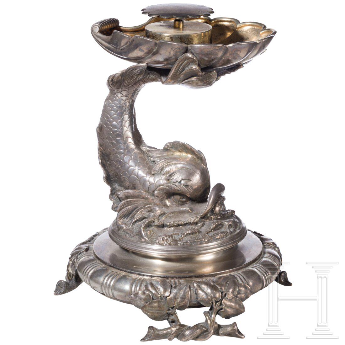 A Russian silver tazza (centerpiece), St. Petersburg, Grachev, circa 1890: A Russian silver tazza (centerpiece), St. Petersburg, Grachev, circa 1890Part-gilt silver. On three feet of intertwined, leafed branches. Stem in the form of a dolphin with delicately engraved scales