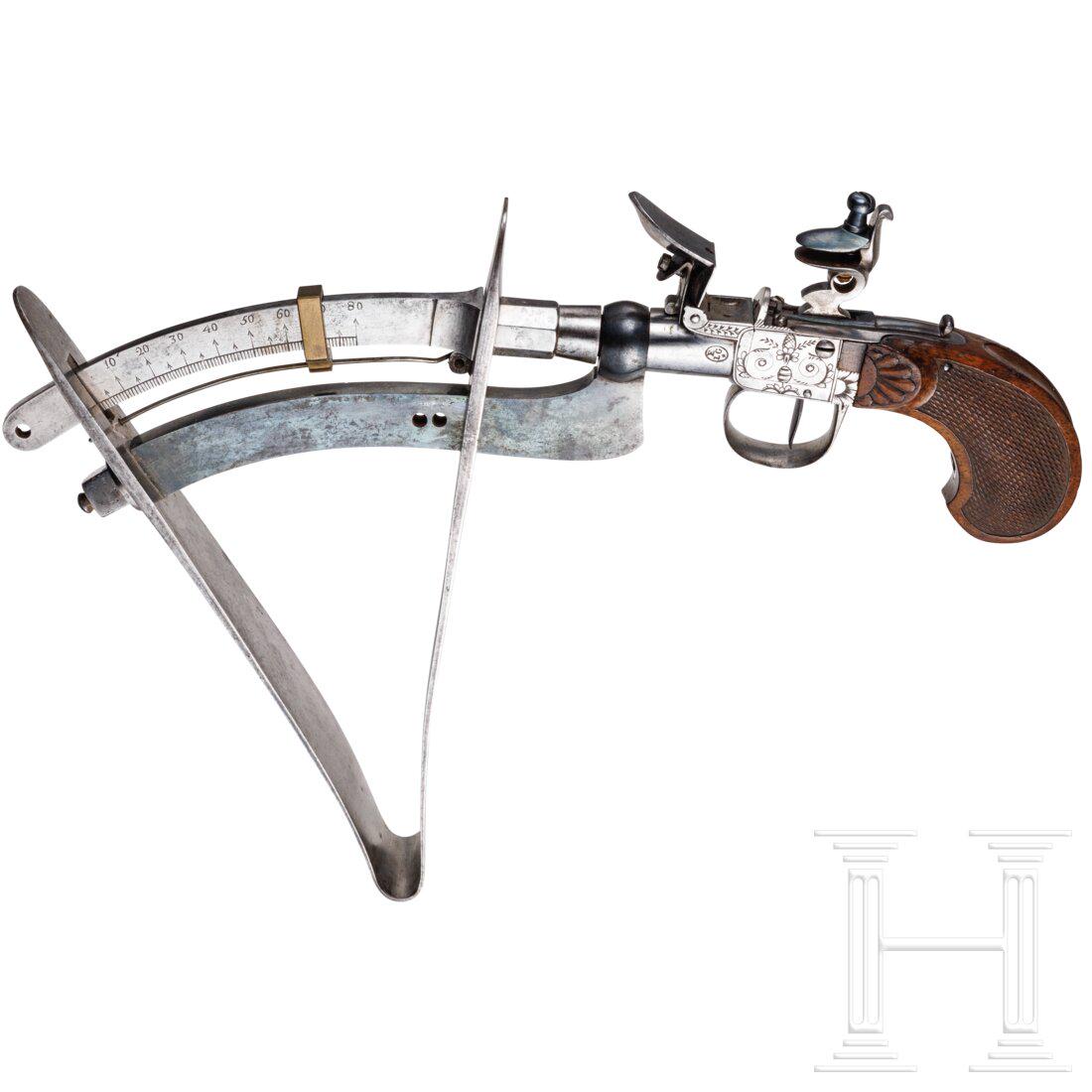 A flintlock powder tester, LiÃ¨ge, ca. 1820: A flintlock powder tester, LiÃ¨ge, ca. 1820Kurzer Lauf mit anhÃ¤ngender Mess-Skalierung mit groÃŸer V-Feder. Gravierter Rahmen mit seitlicher ELG-Marke. Zentrale Batterie mit Schiebesicherung. G