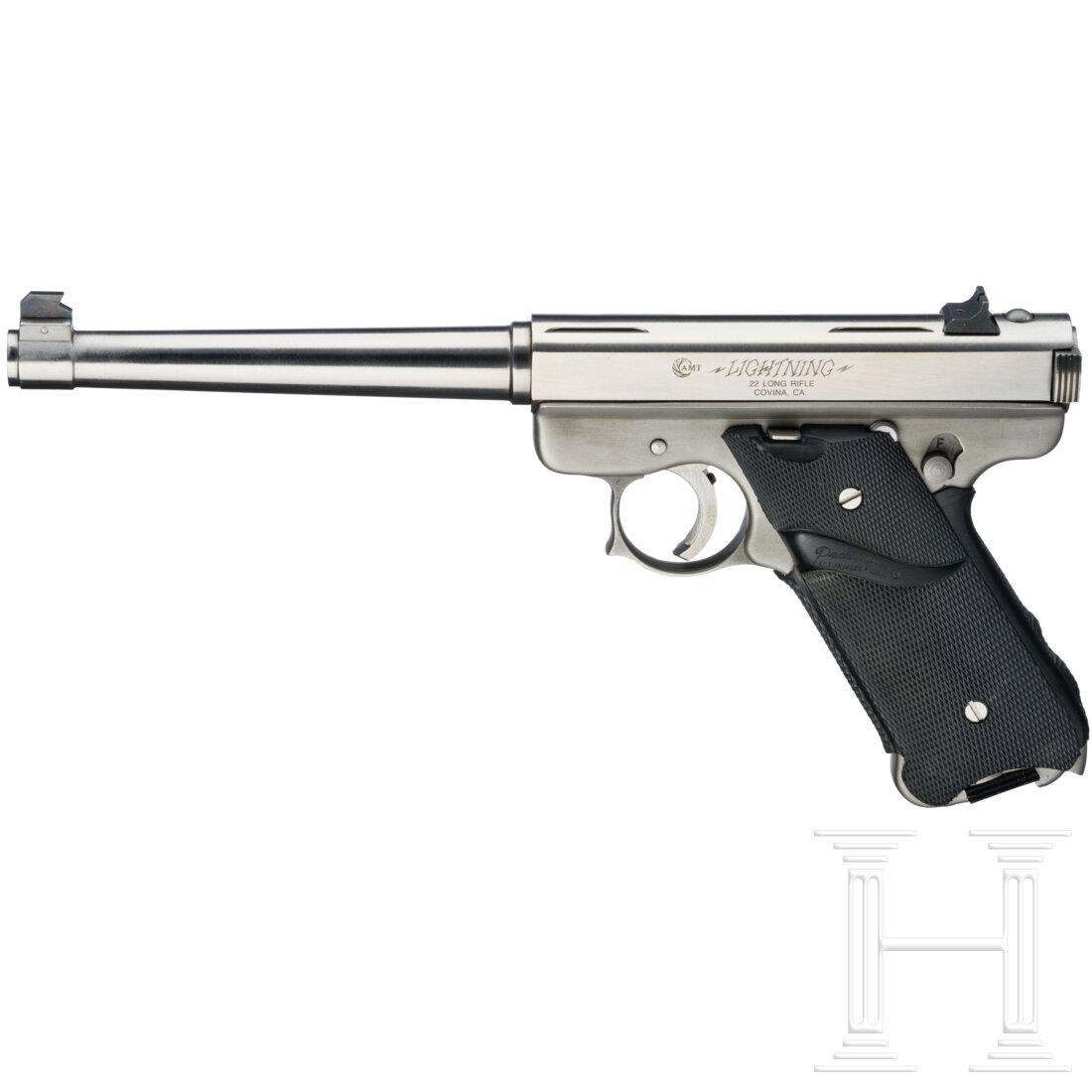 AMT Lightning Pistol 22, Stainless: AMT Lightning Pistol 22, StainlessCal. .22lr, SN. G04931, blanker Lauf, LÃ¤nge 6½". ZehnschÃ¼ssig. Vorbereitet zur ZF-Montage. Justierbarer Abzug. Links am Verschluss bezeichnet "Lightning