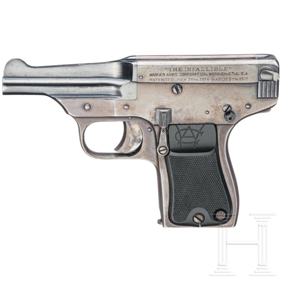 A Warner Arms "The Infallible", 2nd version: A Warner Arms "The Infallible", 2nd versionCal. 7,65mmBrowning, SN. 1560, nummerngleich. Lauf matt, LÃ¤nge 3-1/4". SiebenschÃ¼ssig. Fertigung um 1916 in Anlehnung an die Schwarzlose Mod. 1908 durc