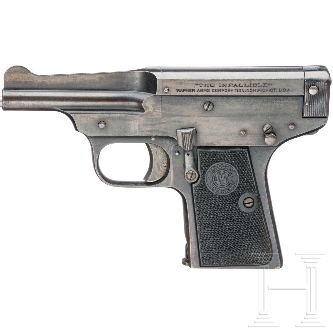 A Warner Arms "The Infallible", 4th version: A Warner Arms "The Infallible", 4th versionCal. 7,65mmBrowning, SN. 6065, nummerngleich. Fast blanker Lauf, LÃ¤nge 3-1/4". SiebenschÃ¼ssig. Fertigung um 1918 in Anlehnung an die Schwarzlose Mod. 1