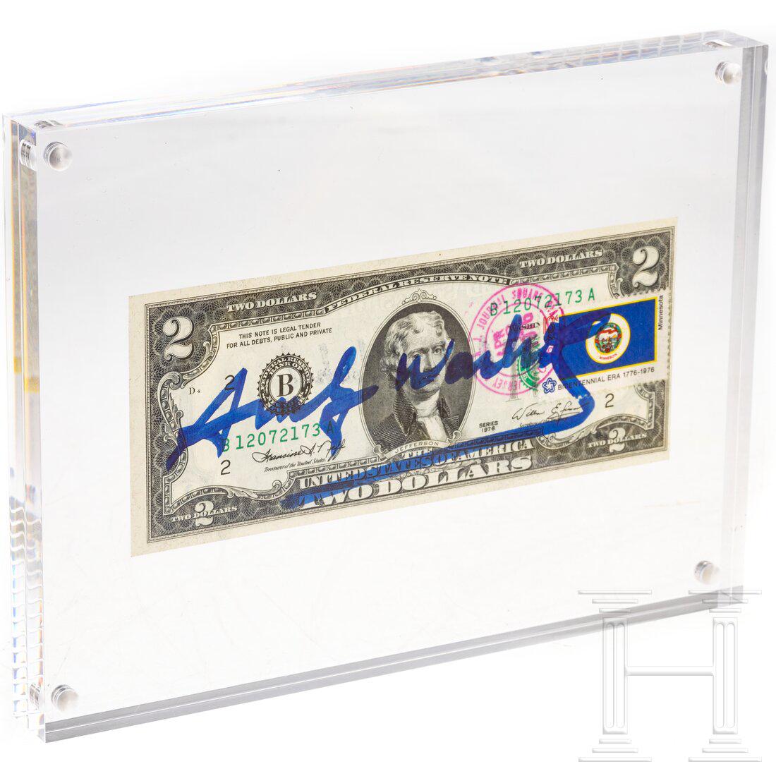 A two dollar bill stamped and signed "Andy Warhol", 1976: A two dollar bill stamped and signed "Andy Warhol", 1976A two dollar bill with portrait of Thomas Jefferson (US-president from 1801 to 1809), the reverse with the Declaration of Independence after a p