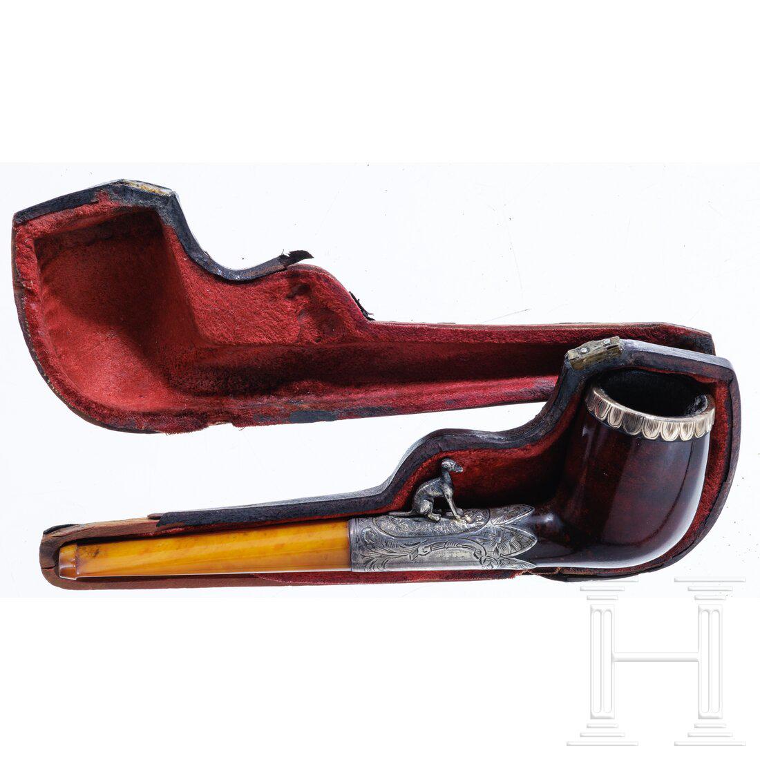 A silver-mounted and amber pipe with hunting dog, circa 1900 (1 of 4)