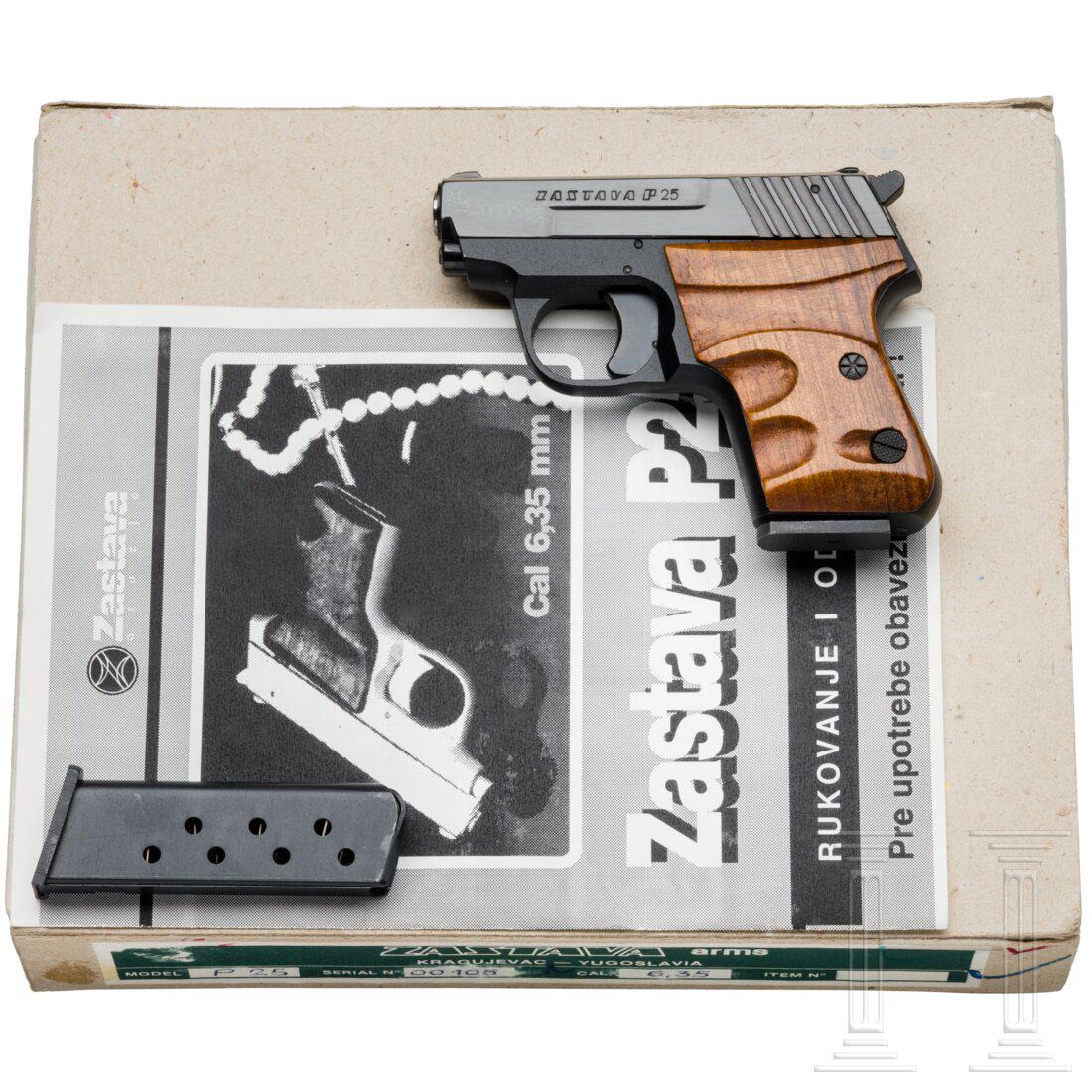 Serbia - Zastava P 25, "Dark Lady", in box, custom-made for Kettner: Serbia - Zastava P 25, "Dark Lady", in box, custom-made for KettnerCal. 6,35mmBrowning, SN. 00105, blanker Lauf, LÃ¤nge 56 mm. AchtschÃ¼ssig. Tschechischer Beschuss 1996 und dt. Beschuss 2004. Lin
