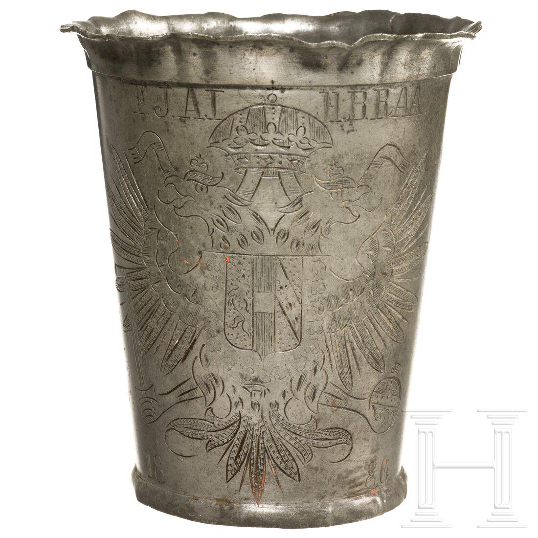 Emperor Franz Josef I of Austria - an engraved pewter cup, dated 1886 (1 of 4)