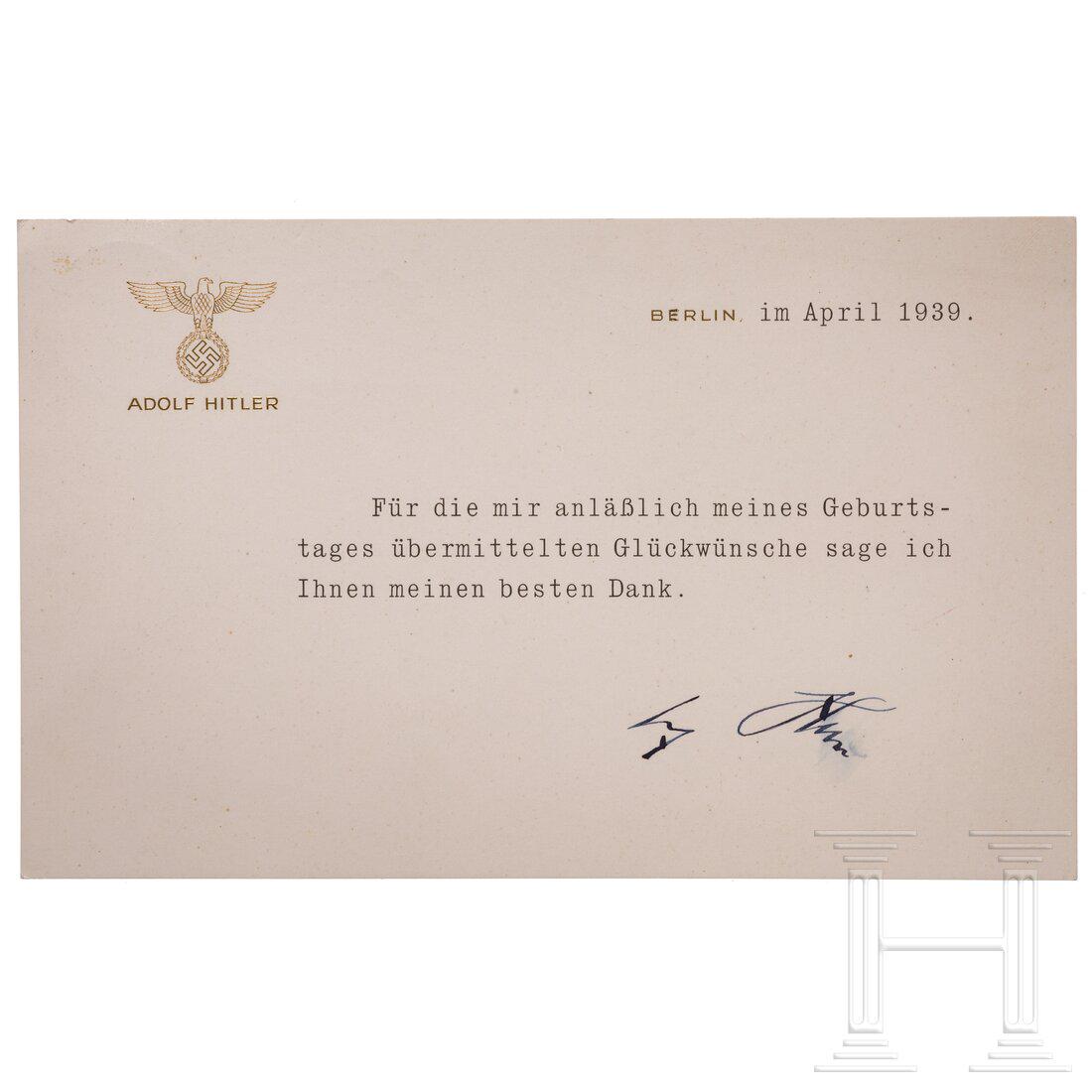 Susi Demoll and Adolf Hitler - a hand-signed thank you card: Susi Demoll and Adolf Hitler - a hand-signed thank you cardKarton mit goldgedrucktem Adler Ã¼ber "Adolf Hitler", datiert Berlin, April 1939, darunter der Standarddankestext fÃ¼r die GeburtstagswÃ