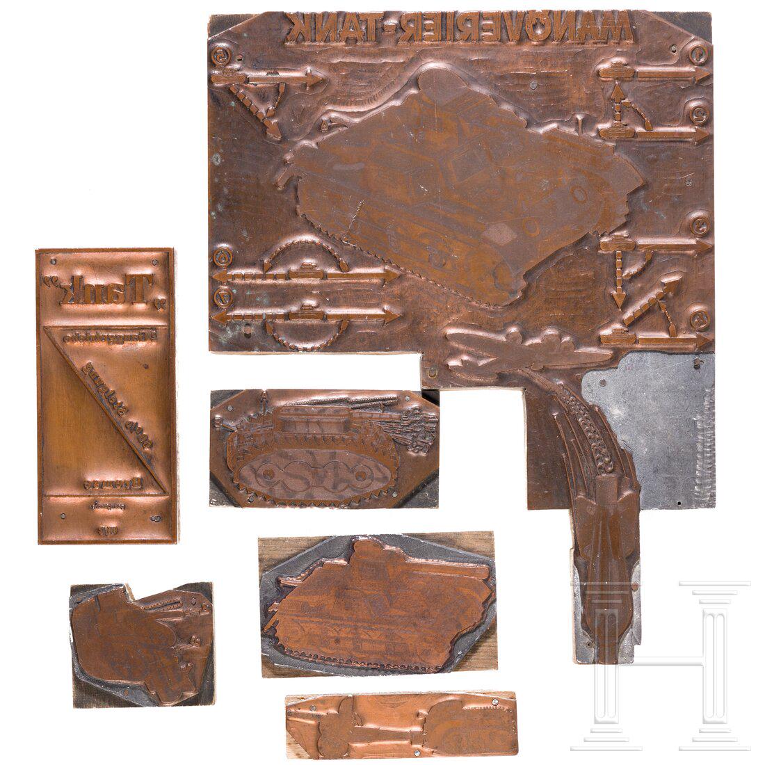 Six Gama and Gescha military printing blocks for catalog productions: Six Gama and Gescha military printing blocks for catalog productionsGama/Gescha, 30er Jahre. Sechs DruckstÃ¶cke fÃ¼r Kataloge, seitenverkehrte Bildelemente: ManÃ¶ver-Tank, Panzermodelle, Raupens