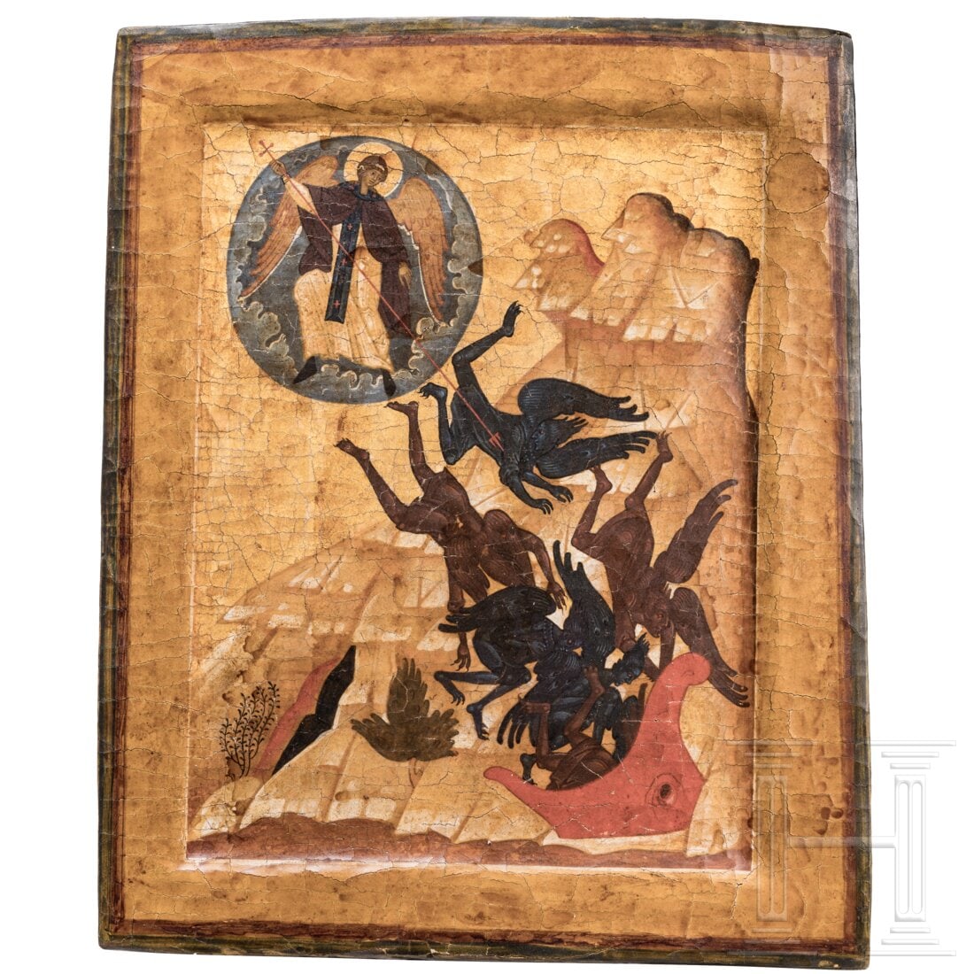 A rare Russian icon showing the "War in Heaven" (a scene from the Last Judgement), modern: A rare Russian icon showing the "War in Heaven" (a scene from the Last Judgement), modern Holztafel mit zwei RÃ¼ckseiten-Sponki (verloren). Kowtscheg, Tempera auf Kreidegrund. Seltene Darstellung de