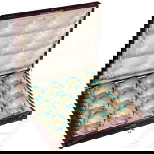Kaiser Wilhelm II – a presentation set of twelve KPM porcelain mocha cups in the original case,: Kaiser Wilhelm II – a presentation set of twelve KPM porcelain mocha cups in the original case, circa 1900Porcelain with turquoise-coloured glaze and lavish gilt decoration in relief (partially