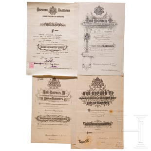 Ten certificates for Bulgarian awards, 1914 - 1943: Ten certificates for Bulgarian awards, 1914 - 1943Zwei Urkunden fÃ¼r St.-Alexander-Orden, datiert 1943. Eine fÃ¼r Zivilverdienstorden, datiert 1920. Eine fÃ¼r Verdienstorden, datiert 1920. Dazu