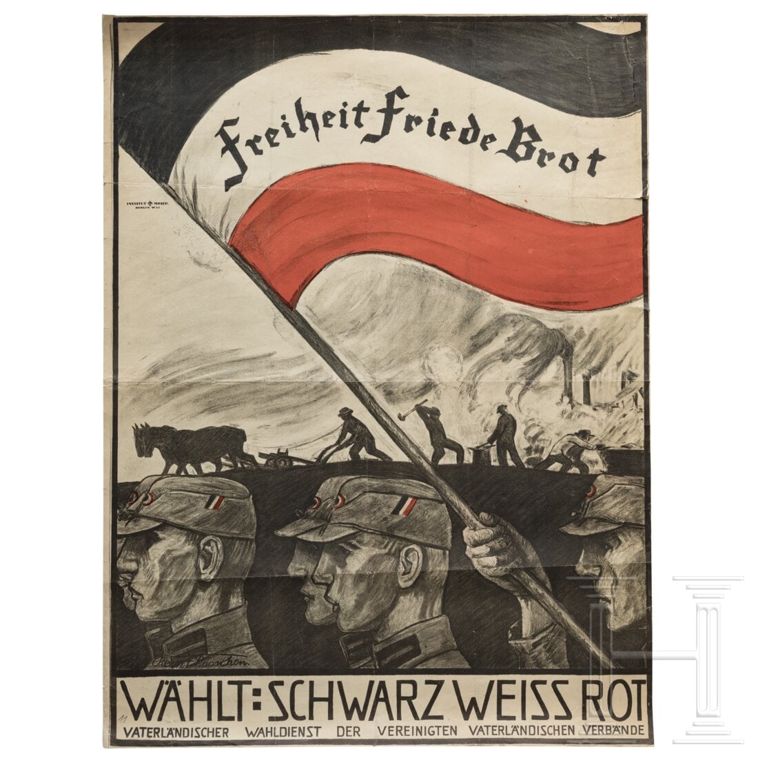 An election poster of the Vereinigte Vaterlaendische Verbaende Deutschlands "Freiheit - Friede -: An election poster of the Vereinigte Vaterlaendische Verbaende Deutschlands "Freiheit - Friede - Brot", Reent Looschen, 1924Ein frÃ¼hes Werbeplakat der Vereinigten VaterlÃ¤ndischen VerbÃ¤nde Deu