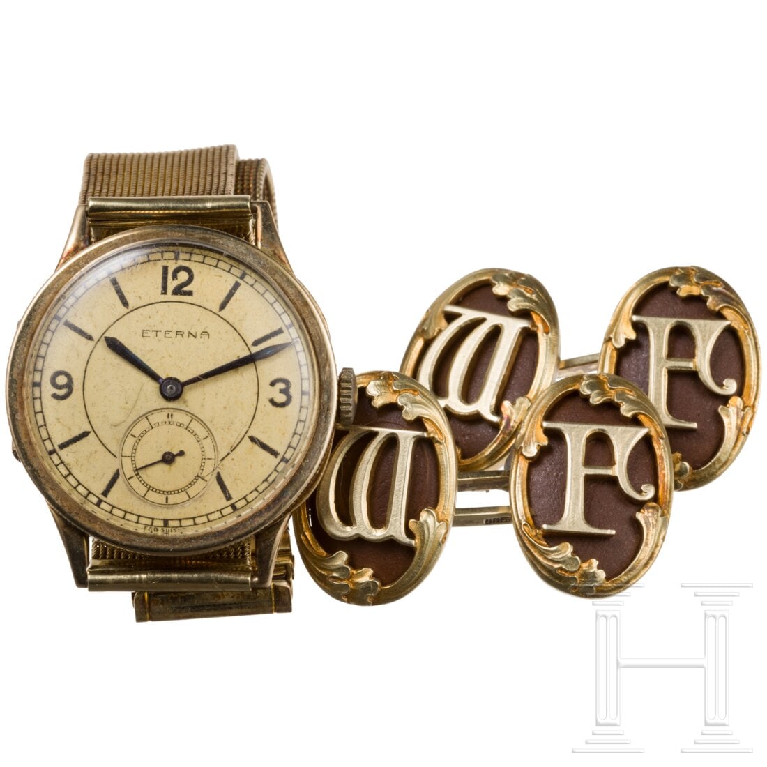 Reich Minister of Economics Dr. Walther Funk - his gold wristwatch and cufflinks: Reich Minister of Economics Dr. Walther Funk - his gold wristwatch and cufflinksGoldene Armbanduhr der Marke Eterna, der Boden (Scharnier defekt) mit auÃŸenseitiger Namensgravur "Dr. Goebbels" und i