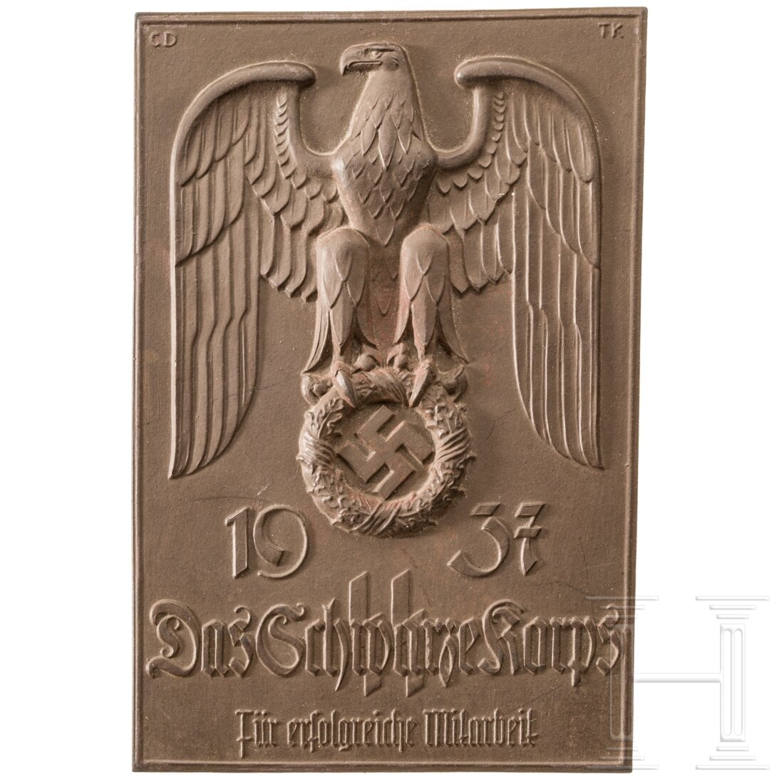 Porcelain Manufactory Allach - an honour plaque "FÃ¼r erfolgreiche Mitarbeit 1937 - Das Schwarze: Porcelain Manufactory Allach - an honour plaque "FÃ¼r erfolgreiche Mitarbeit 1937 - Das Schwarze Korps"Custom made of brown BÃ¶ttger porcelain with national eagle in low relief surmounting SS rune