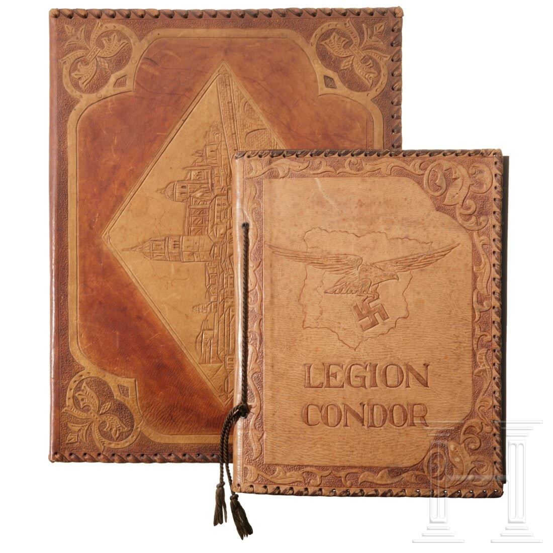 Certificates and a photo album of a member of the Legion Condor: Certificates and a photo album of a member of the Legion CondorUrkunden zum Spanien-Kreuz in Bronze mit Schwertern vom 06.06.39, zur spanischen "Medalla de la Campana" in Ledermappe und zur Erinnerung