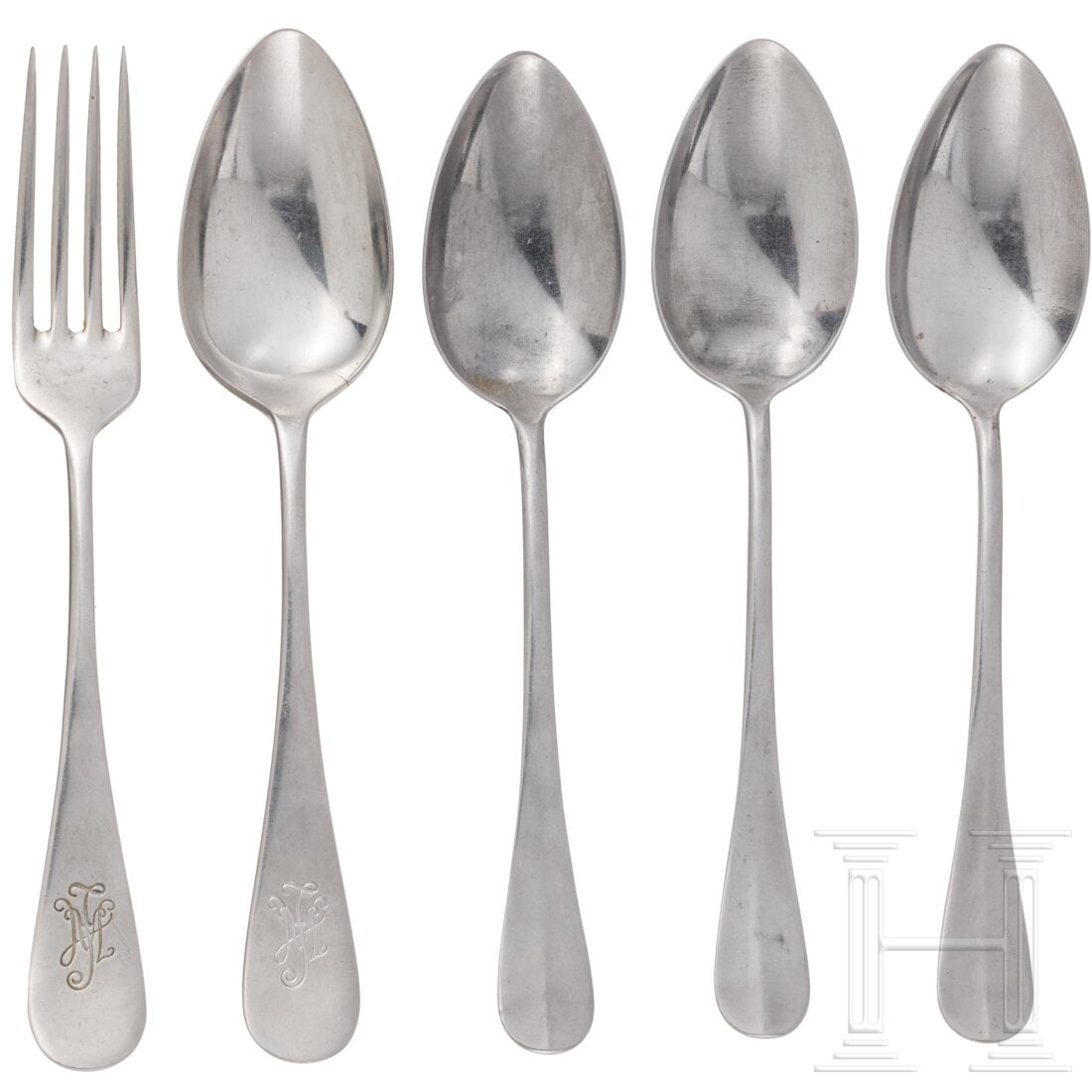 Five pieces of cutlery from the canteen of the Leibstandarte LAH: Five pieces of cutlery from the canteen of the Leibstandarte LAHVier SuppenlÃ¶ffel und eine Gabel, auf den Stielenden ober- bzw. unterseitig die eingeschlagene LAH-Chiffre. Unterseitig punziert "Nir