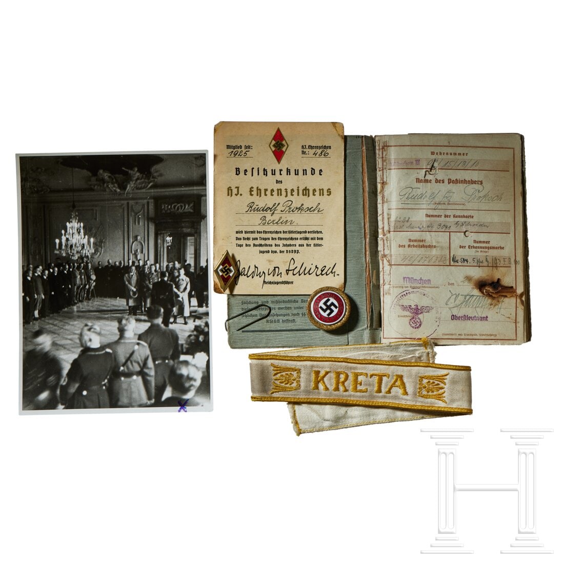 Rudolf Proksch - a Golden Party Badge grouping: Rudolf Proksch - a Golden Party Badge groupingLarge version of Golden Party Badge, die-struck brass with gilt finish and enameled center, maker â€œDESCHLER & SOHN” with horizontal pin and me