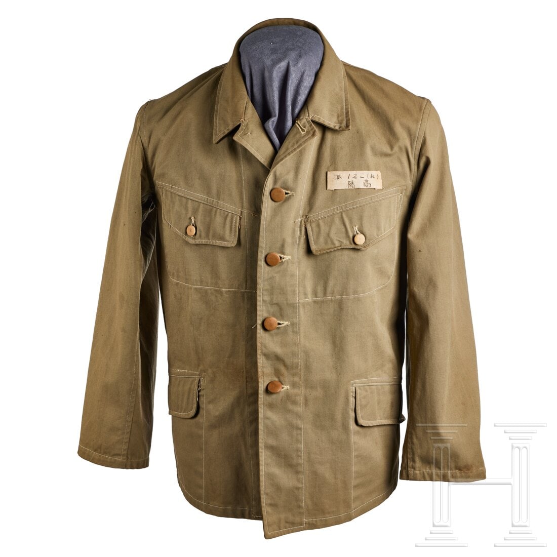 A Japanese Summer Service Tunic: A Japanese Summer Service TunicKhaki color, cotton fabric, five-button front with lay-down collar, breast pockets with scalloped flaps and button closure, waist pockets with flap closure, brown color