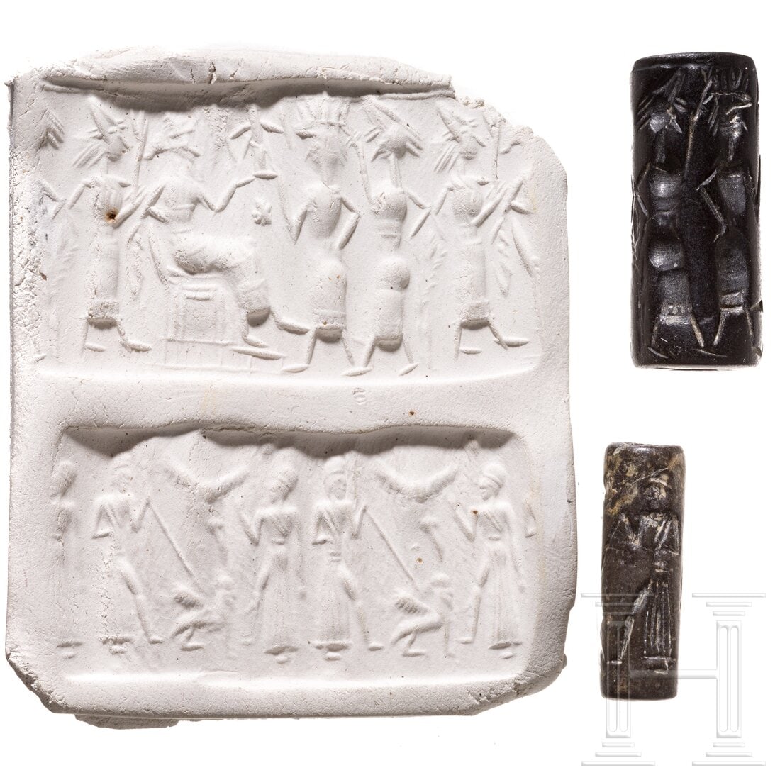Two Sumerian cylinder seals made of dark stone, 3rd millennium B.C. (1 of 4)